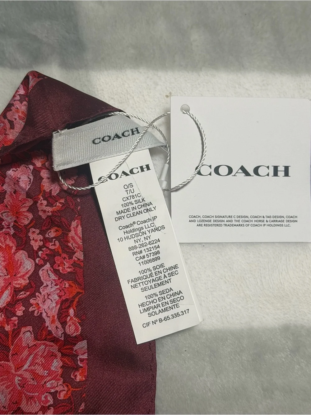 COACH Burgundy and Pink Floral Silk Scarf